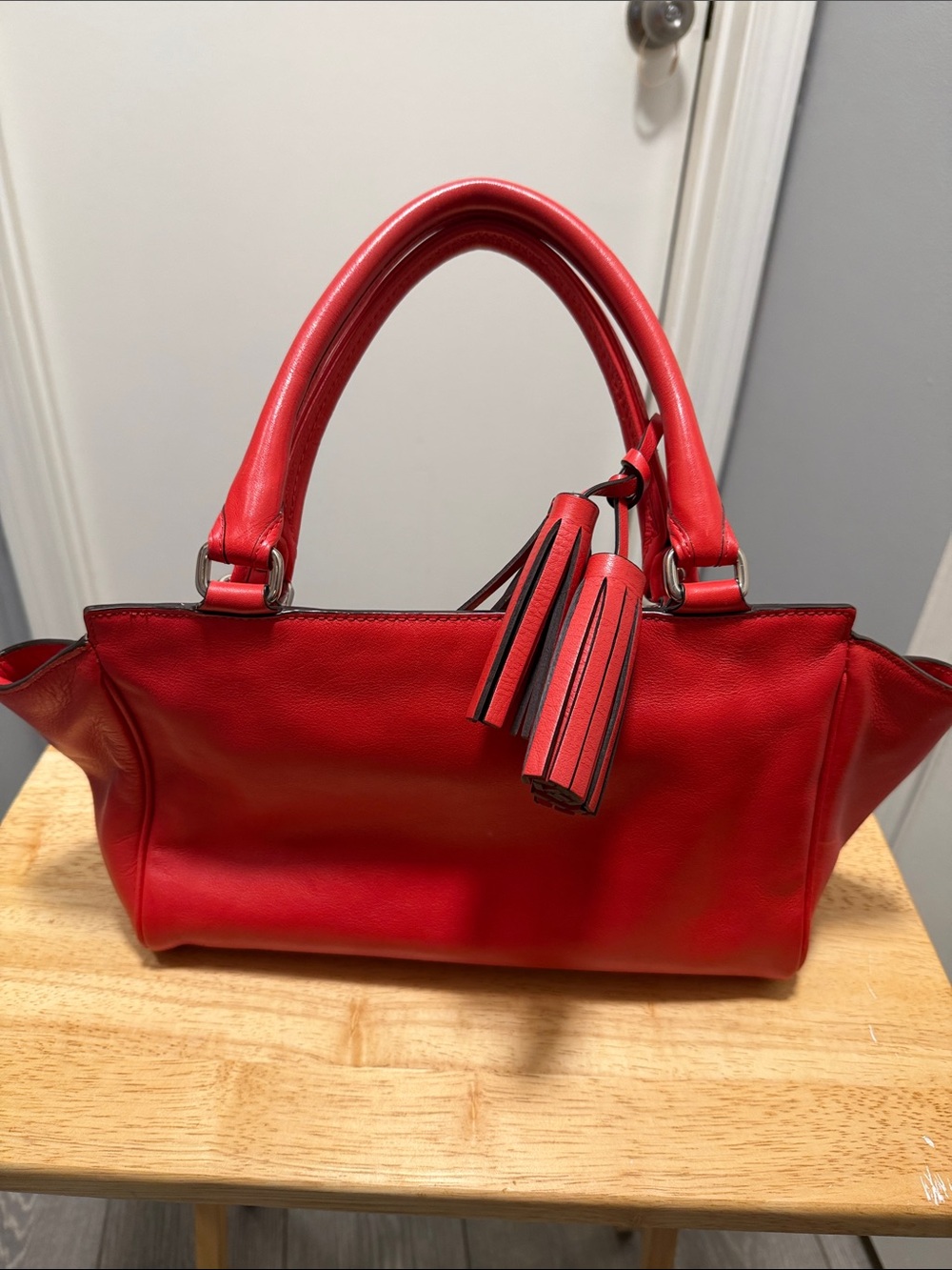 Coach Red Leather Shoulder Tote with Tassel Charm - Picture 6 of 8